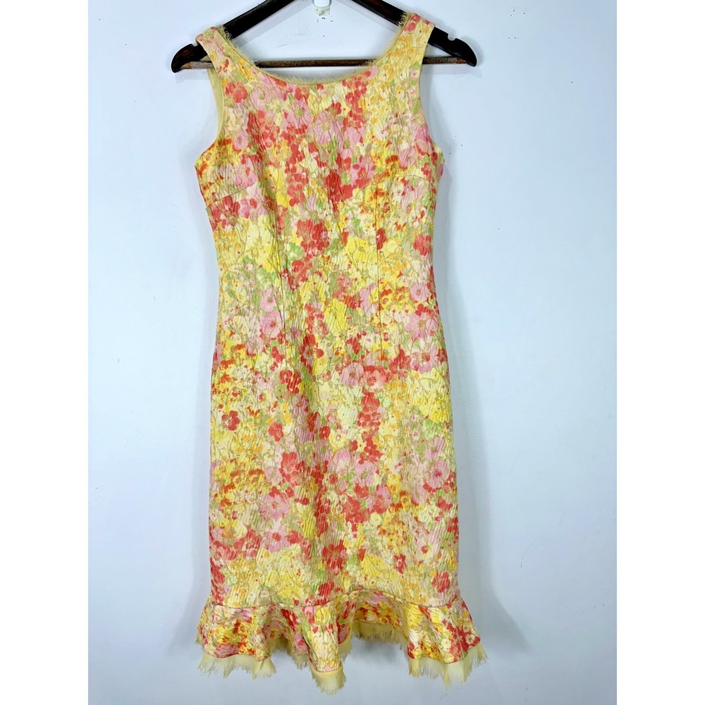 Nipon Boutique Pastel Floral Midi Dress Womens 4P Ruffle Hem Sheath Garden Party